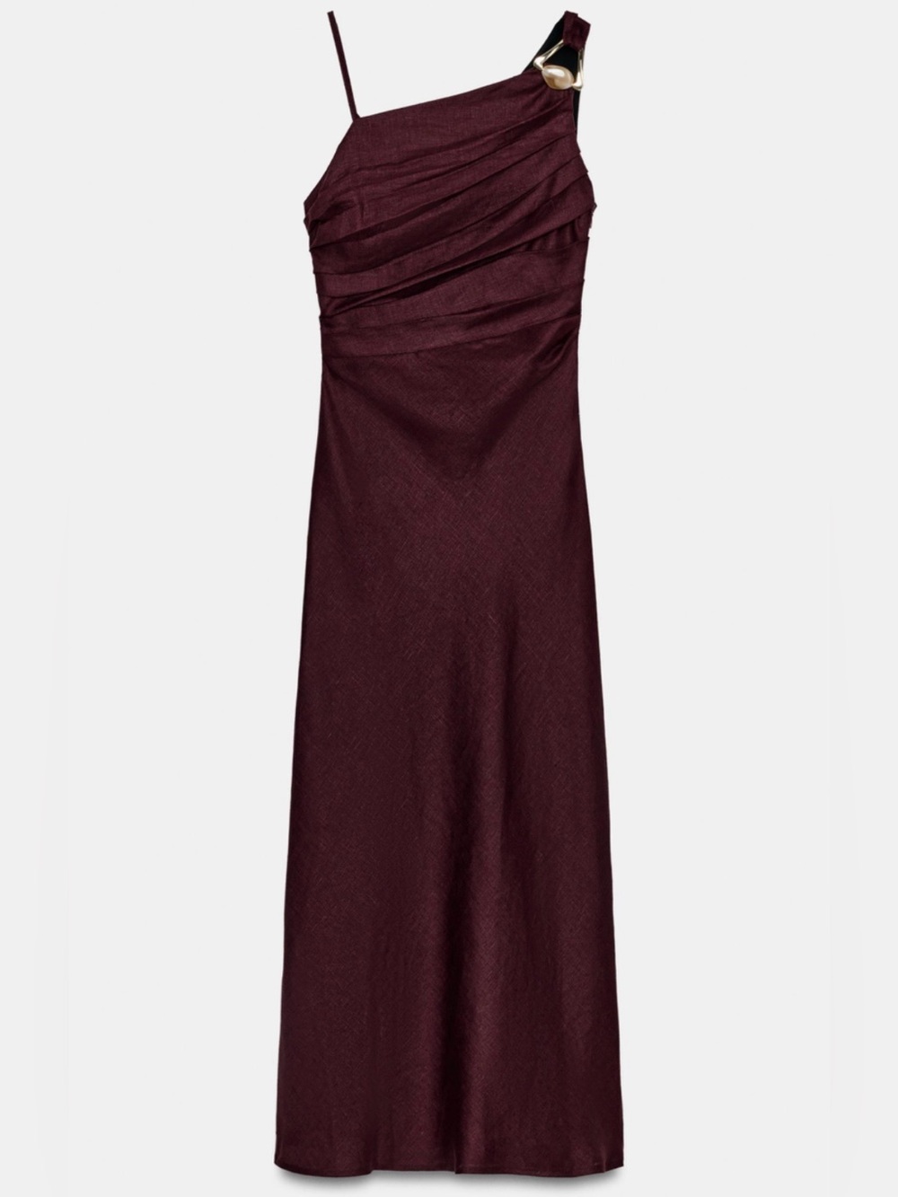Zara Linen Asymmetric Midi Dress Burgundy Gold Detail Size S NWT - Picture 4 of 7